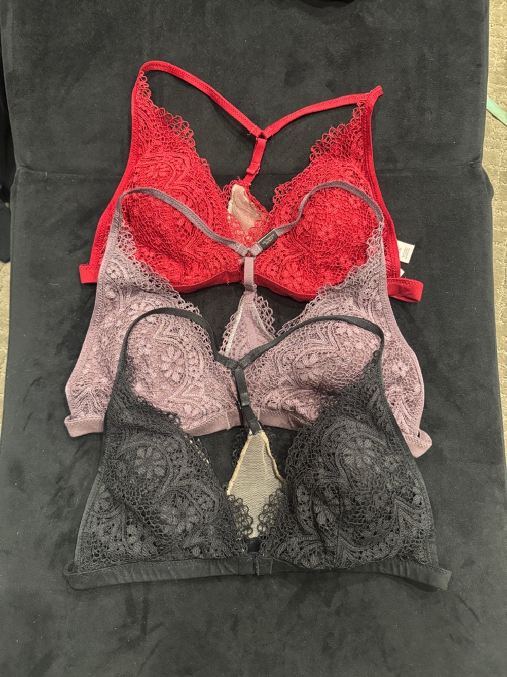 VS Lace Triangle Bralette Set in Red, Mauve & Black